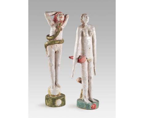 Klaus Eberlein. Paar mit Schlange u. Fabelwesen. 2007/2012. Je farbig glasierte Keramik (Craquelé Glasur). Höhe je 46 cm (mit