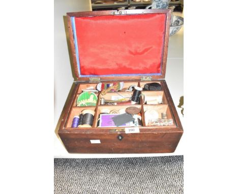 A vintage sewing box measuring 32cm x 23cm x 15cm, including contents scissors, pins etc.
