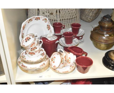 A Royal Albert Crown China part tea service, hand coloured in foliage on an ice white ground, makers mark to base, pattern 47