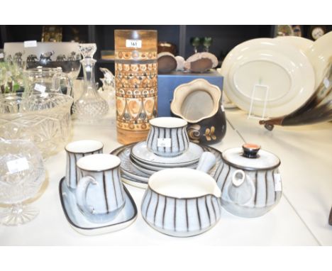 A Denby ceramic coffee service decorated in a blue glaze ground, ( 11 ), sold together with a Denby salt pig and a Denby vase