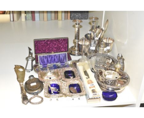 A group of silver plated tableware, to include a Samuel Peace carving knife, a salt cellar set, a hip flask, ash tray, spoons