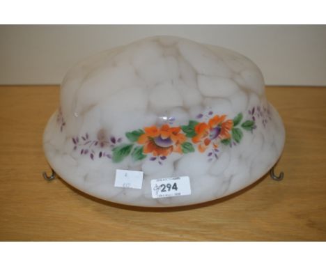 A vintage mottled glass plafonnier with hooks, beautifully hand painted with foliage, w30cm.  Condition report: Missing chain