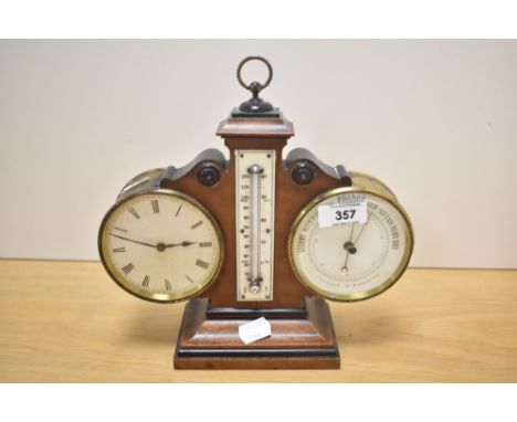 A late 19th / early 20th century mahogany and brass Aneroid Barometer with temperature gauge and timepiece, the clock face ha