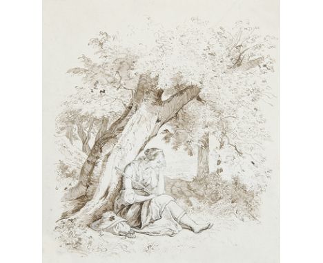 ADRIAN LUDWIG RICHTER - Umkreis : Klärchen trauernd unter einem Baum. Lavierte Federzeichnung in Braun. Vgl. Hoff-Budde 899 (
