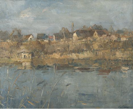 AUGUST KUTTERER  1898 - Karlsruhe-Daxlanden - 1954: Blick über den Rhein auf Daxlanden. Oel auf Leinwand über Hartfaserplatte
