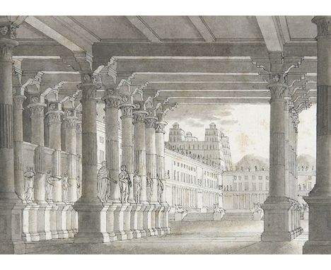DEUTSCHER KÜNSTLER: Blick in den Innenhof eines Palastes. In Braun lavierte Tuschfederzeichnung mit Einfassungslinie in der A