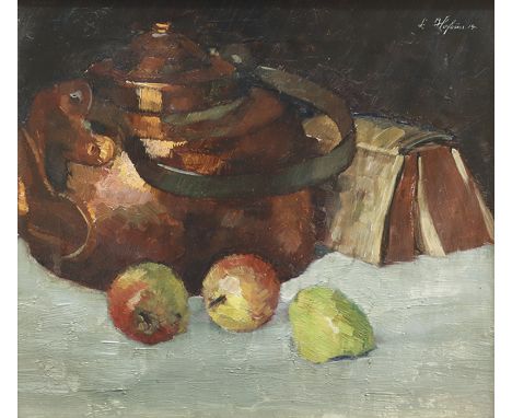 LUDWIG HOFSÄSS  1885 - Karlsruhe - 1923: Stilleben mit Teekessel. Oel auf Leinwand 1914. Signiert und datiert. 37,5 x 40 cm. 