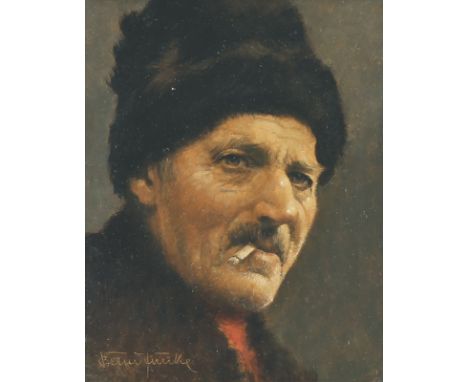 BERND FUNKE  Essen 1902 - 1988 Heide/Schleswig-Holstein: Portrait eines Mannes mit Pelzmütze und Zigarette. Oel auf Press-Spa