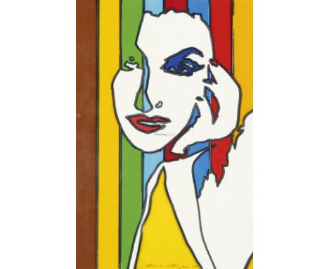 WERNER BERGES  Cloppenburg/Niedersachsen 1941 - 2017 Schallstadt/Baden: Frau vor gestreiftem Hintergrund. Folie mit Tusche au