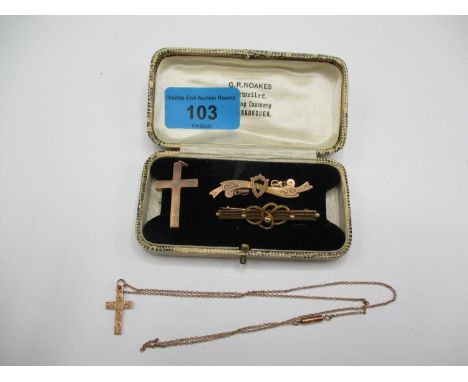 Two 9ct gold cross pendants and a chain and two gold bar brooches 