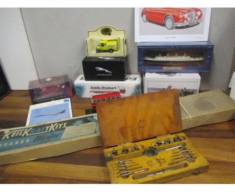 A vintage Keil Kraft glider kit, a vintage drill accessory set and mixed die cast vehicles and ephemera 