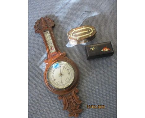 An early 20th century British carved oak wall barometer, and two boxes to include a black lacquered Oriental box 