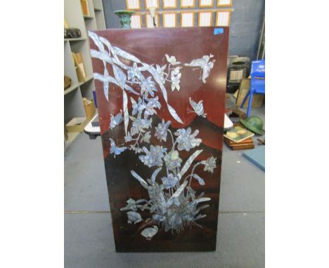 Late 19th/early 20th century Japanese lacquered Shibayama panel depicting a flowering plant with insects and birds, 47" x 23 