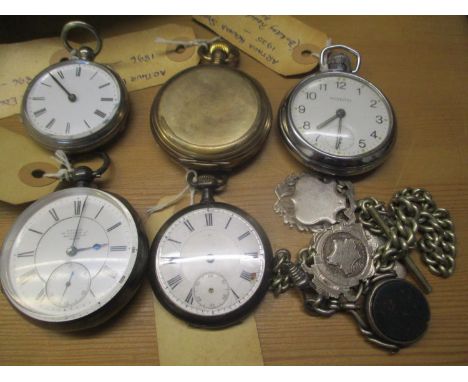 Four silver and gold plated pocket watches, a pocket watch style pedometer and a silver plated watch chain and fobs 