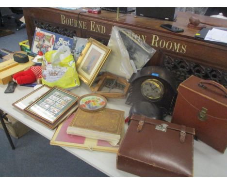 A mixed lot to include three vintage leather cases, a fishing rod, games, a 1930s oak cased clock, a walking stick and other 