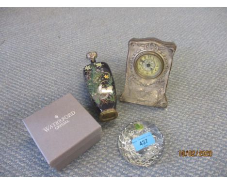 A silver framed mantle clock A/F, together with an enamelled vase, and a Waterford Crystal paperweight 