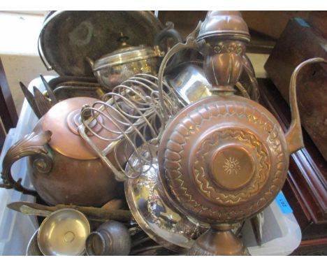 A quantity of mixed metalware to include copper, brass and silver plated tureens, mixed silver plate and a gilt wall light A/