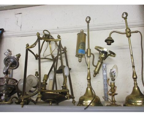 Mixed 20th century brass lighting to include a lantern ceiling light  and a silver plated chandelier(damage to various items)