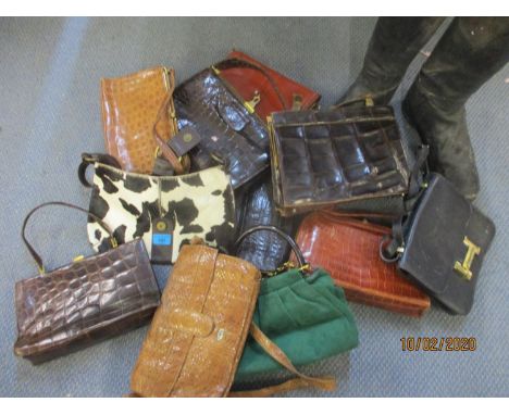 A pony skin shoulder bag and mixed vintage handbags, together with a pair of vintage riding boots by Hawkes 