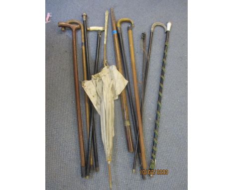 Late 19th/early 20th century walking canes, umbrella and sword stick, some with silver collars and handles, together with a v