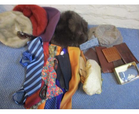 A quantity of gents ties to include a Liberty bow tie, vintage hats to include faux fur and berets, ladies gloves, wallets an