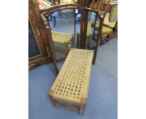 A Victorian mahogany triptych mirror, and a string upholstered light oak stool 