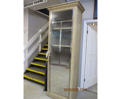 A modern light oak, chrome and glass display cabinet, 87"h x 31 1/2"w 