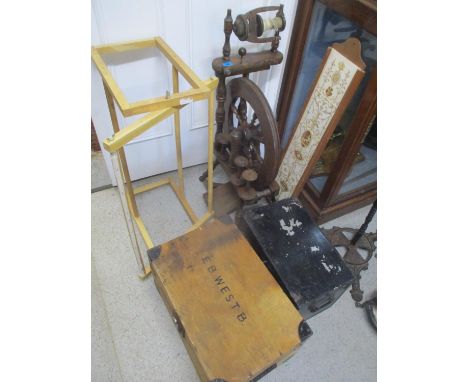 A mixed lot to include a deed box, a small chest, a spinning wheel and a tapestry frame 