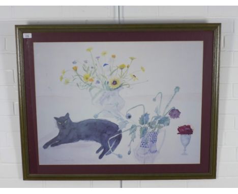 ELIZABETH BLACKADDER DBE RA RSA RSW RGI DLitt (SCOTTISH 1931 - 2021) coloured print of a cat, framed under glass, 76 x 57cm 