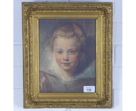 19TH CENTURY studio photograph of an oil portrait of a young girl, under glass within an ornate gilt frame, size including fr