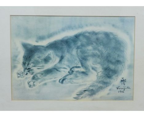 Léonard Tsuguharu Foujita (1886-1968) coloured print of a cat, framed under glass, 27 x 18cm 