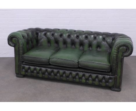 Vintage green buttonback upholstered three seater chesterfield sofa, 200 x 70 x 60cm. 