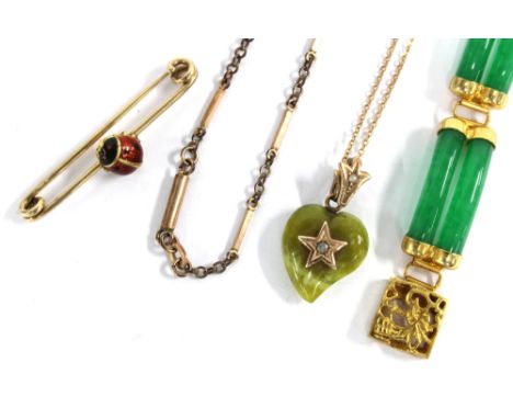 9ct rose gold necklace with a green hardstone and seed pearl pendant in the form of a heart together with a yellow metal moun