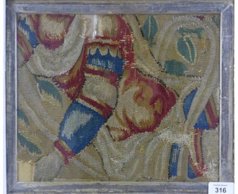 Antique tapestry fragment, framed and attributed verso as 16th century,  30 x 25cm 