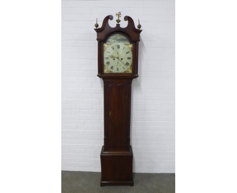 Dawson of Haddington mahogany grandfather clock, with a swan neck pediment and brass finials over a painted dial with roman n