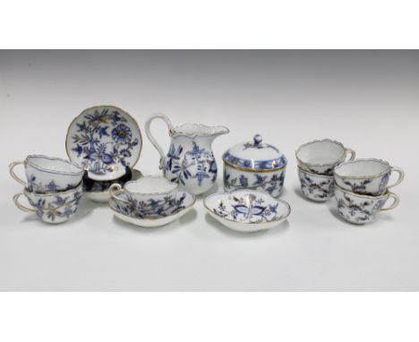 Meissen Blue Onion part teaset to include six cups, four saucers, sugar bowl and cream jug (jug restored) 