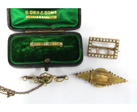 An antique yellow metal and seed pearl buckle brooch with inscribed date verso September 1898 together with an unmarked yello