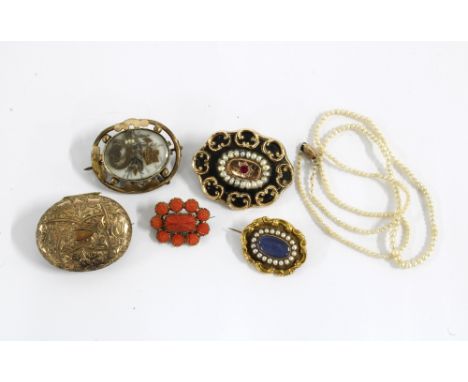 Victorian yellow metal brooches to include two seed pearl brooches, coral brooch and another with dried flowers, a locket and