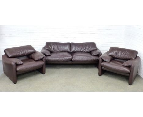 VICO MAGISTRETTI for CASSINA, MARALUNGA, Italian brown leather lounge suite comprising a two seater sofa and pair of armchair