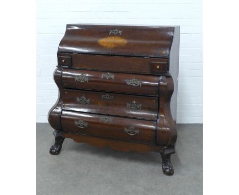 19th century Dutch style walnut bombe commode, the top with an inlaid fall front which opens to reveal a secretaire interior 