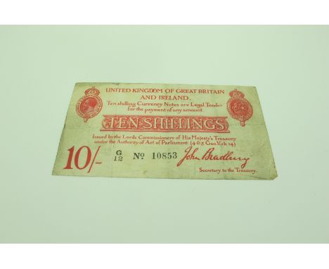 1915 GB Ten Shillings Treasury Banknote, John Bradbury G12 10853, fold marks and staining noted.