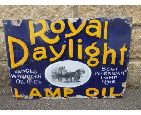 A Royal Daylight Lamp Oil part pictorial double sided enamel sign, lacking hanging flange, with restoration to one side, 21 x
