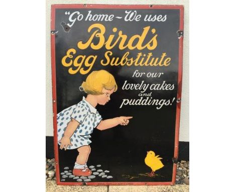 A rare pictorial enamel sign depicting a toddler wagging her finger at a chick - ''Go home - we uses Bird's Egg Substitute fo