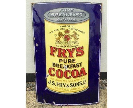 A Fry's Pure Breakfast Cocoa pictorial 'can' enamel sign, with excellent gloss, by Patent Enamel, 24 x 36".