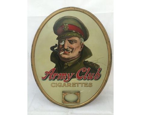 An Army Club Cigarettes oval pictorial tin sign with packet holder, 14 x 17 3/4".