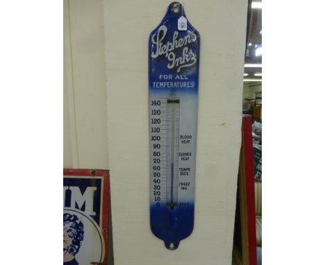 A Stephens' Inks 'for all temperatures' enamel thermometer of very unusual blue tint design/colour, 7 x 36".