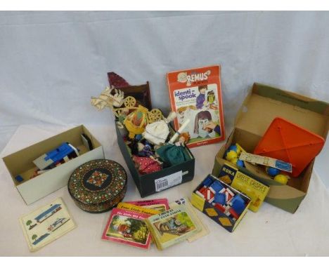 A box of assorted Lego, Thomas the Tank Engine booklets, a Huntley & Palmer biscuit tin etc. 