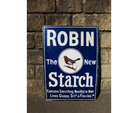 A rare Robin Starch pictorial enamel sign with central circular panel depicting a robin sat on a branch, one minor spot re-to