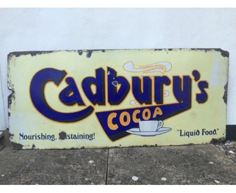 A Cadbury's Cocoa part pictorial rectangular enamel sign, with teacup and rising steam design, 'Nourishing, Sustaining! Liqui