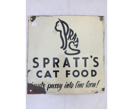 A Spratt's Cat Food part pictorial enamel sign - 'Puts pussy into fine form!', 12 x 12".